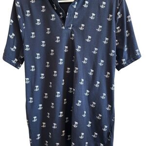 Molokai Surf Co Men’s Polo Shirt Blue White Palm Tree Print Medium Cotton Blend